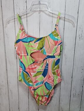 Hurley Women's One piece Swimsuit UPF 50+ Tropical Leaf Print Cutout Size Large.